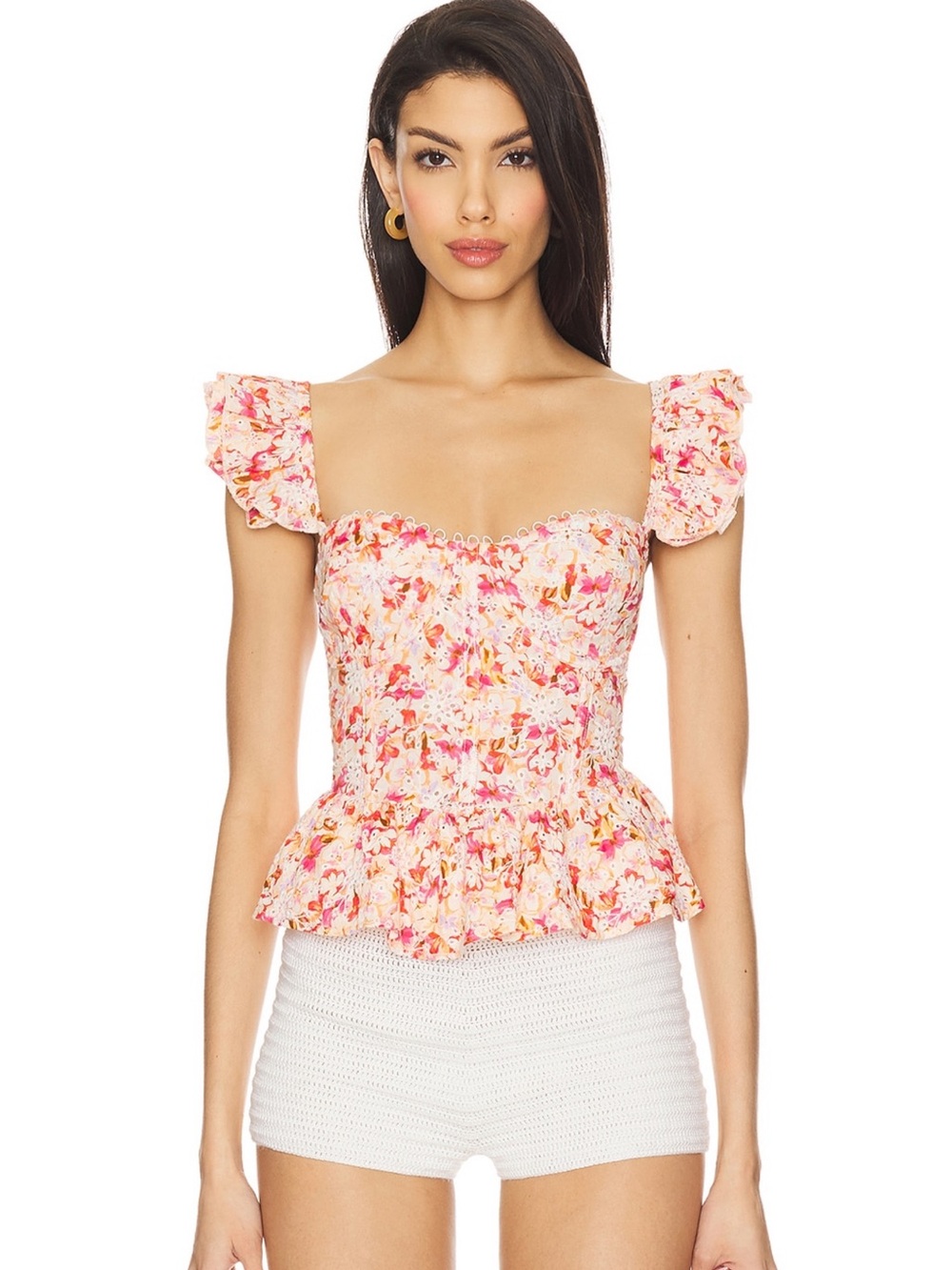 Astr Floral Pink Peach Ruffled Camisole Top